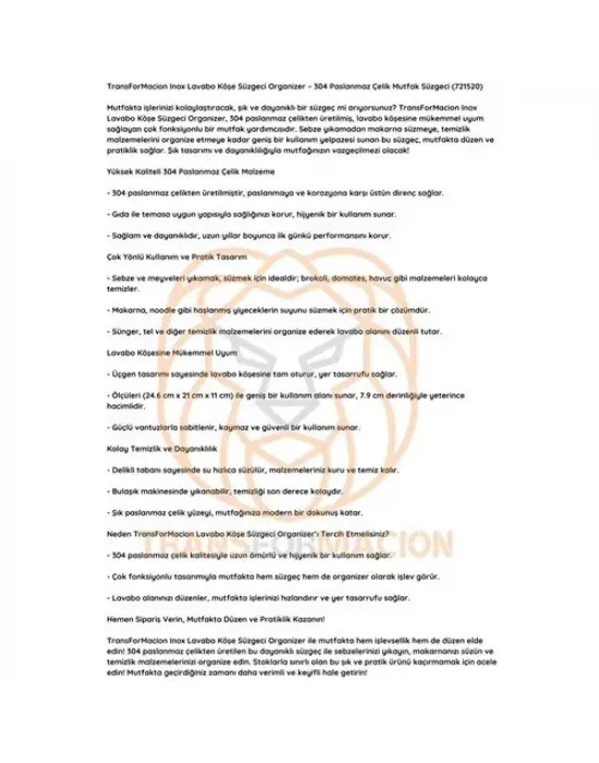 Omarı Paslanmaz Çelik Köşe Süzgeci Organizer