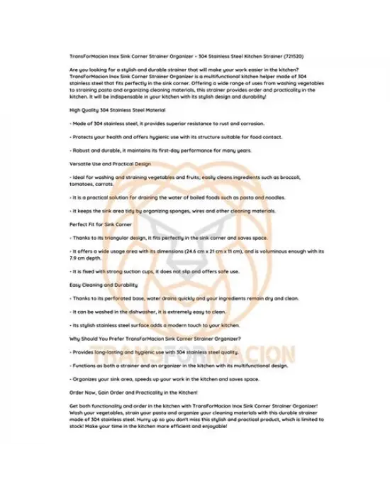 Omarı Paslanmaz Çelik Köşe Süzgeci Organizer