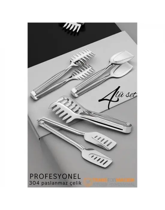 Omarı Paslanmaz Çelik Çok Amaçlı Mutfak Maşa Seti - Makarna, Pasta, Salata İçin 4lü Set