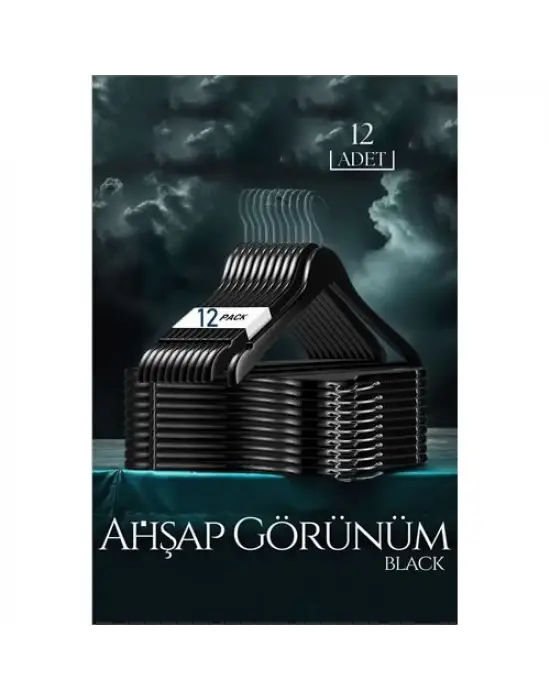 Omarı Şık Siyah Ahşap Görünümlü 12li Askı Seti