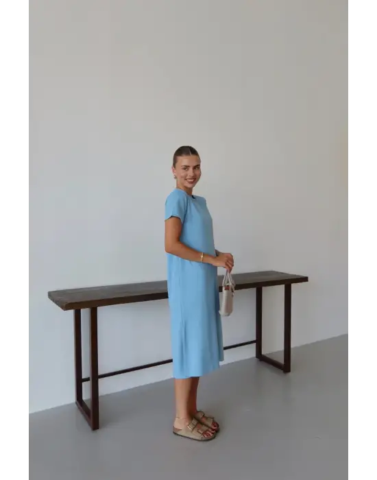 Modal yırtmaçlı elbise mavi pt