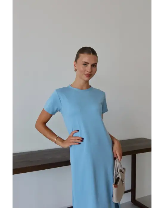 Modal yırtmaçlı elbise mavi pt