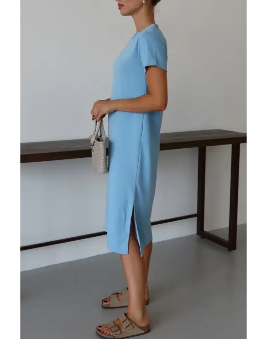 Modal yırtmaçlı elbise mavi pt