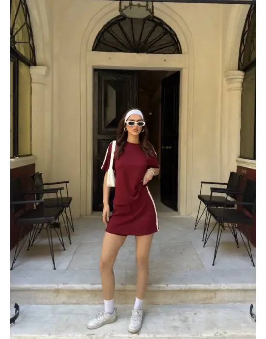 Omarı Yumuşak Dokulu Kumaş Bisiklet Yaka Takım - Bordo Etek Şortlu