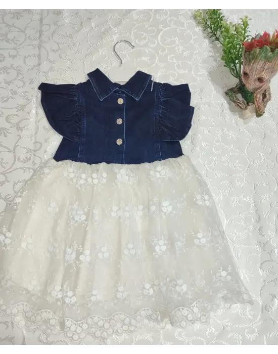 Modern Brode Etekli Çocuk Elbisesi Mavi