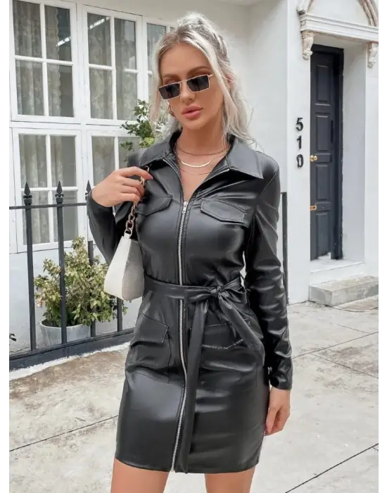 Modern Fermuarlı Mini Deri Elbise