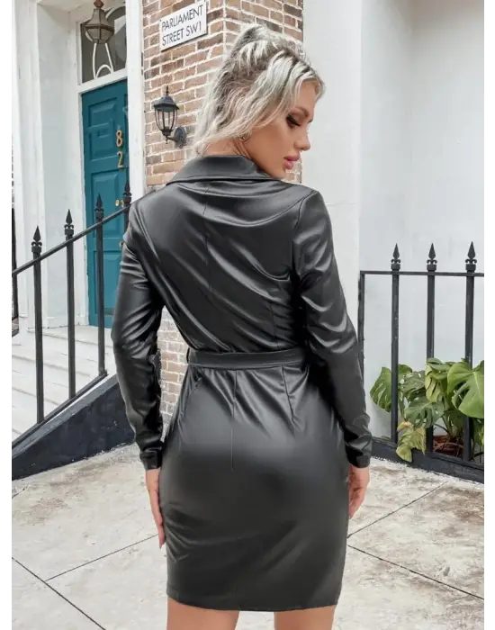 Modern Fermuarlı Mini Deri Elbise