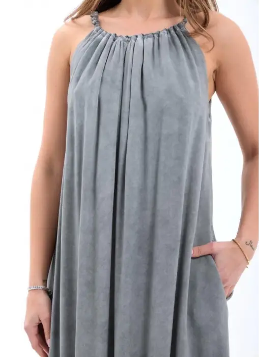 Omarı Yırtmaç Detaylı Gri Elbise