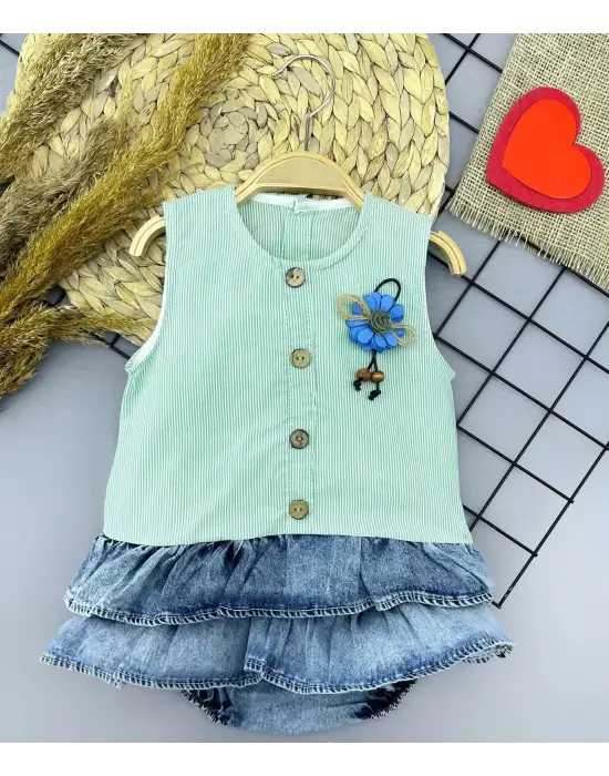 Modern Gül Rozet Detaylı Kot Bebek Elbisesi