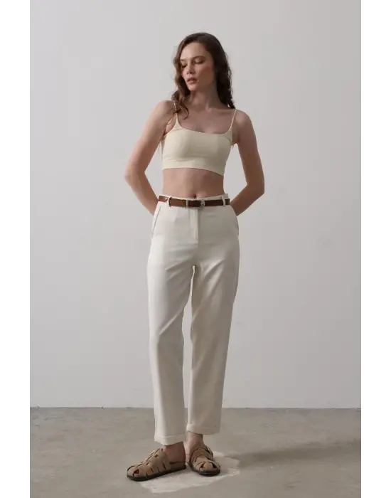 Omarı Yüksek Bel Havuç Pantolon - Ekru