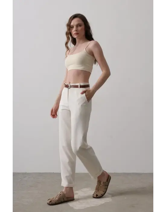 Omarı Yüksek Bel Havuç Pantolon - Ekru