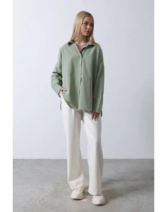 Omarı Geniş Yaka Detaylı Gömlek - Haki