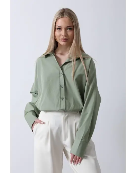 Omarı Geniş Yaka Detaylı Gömlek - Haki