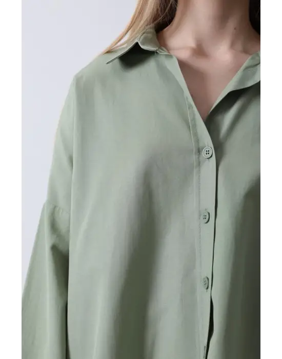 Omarı Geniş Yaka Detaylı Gömlek - Haki