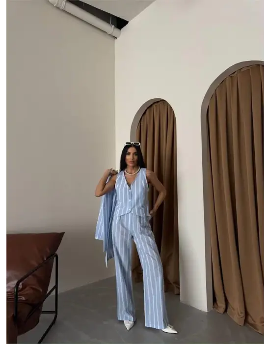 Omarı Rahat Keten Çizgili Ceket - Mavi