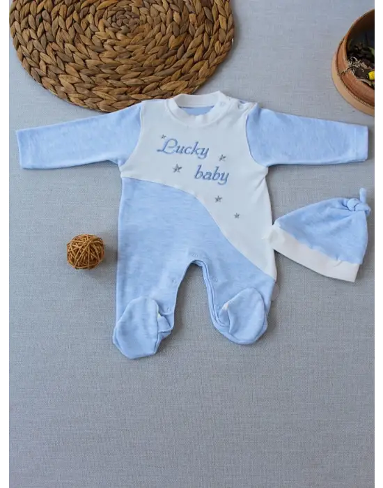 Modern Nakışlı Bebek Tulumu Mavi