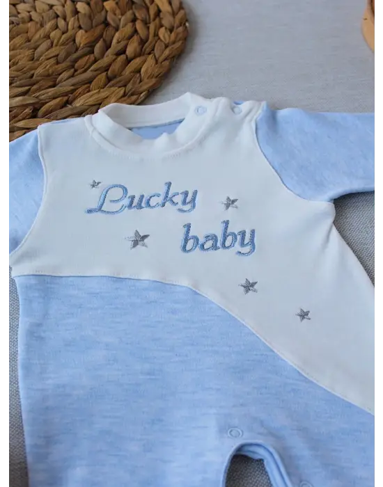 Modern Nakışlı Bebek Tulumu Mavi