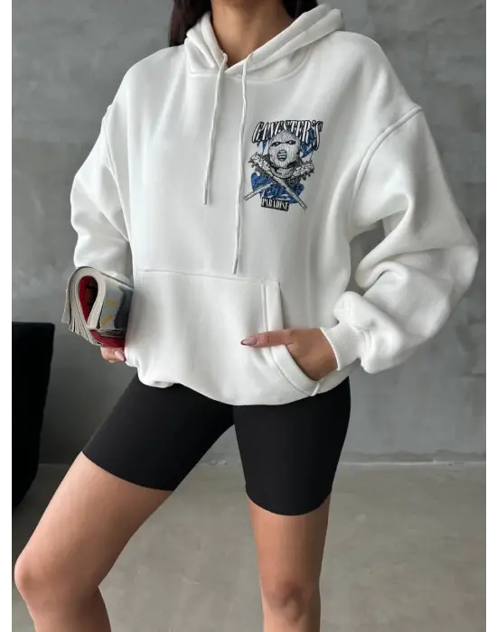Omarı Şardonlu Oversize Kafa Baskılı Sweat Beyaz