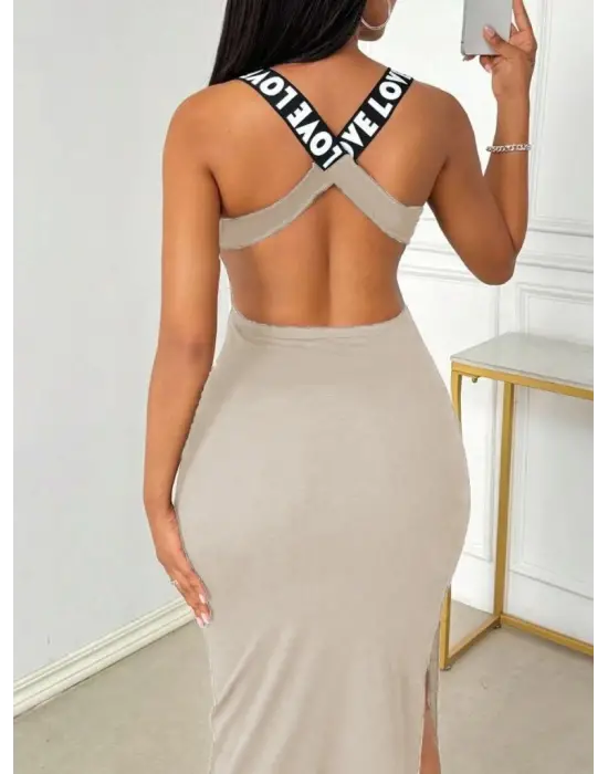 Omarı Sırttan Çapraz Şerit Detaylı Viskon Elbise