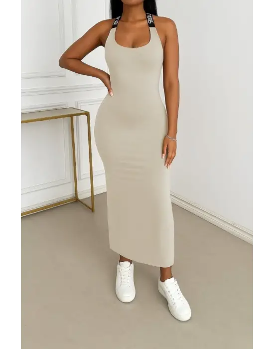 Omarı Sırttan Çapraz Şerit Detaylı Viskon Elbise