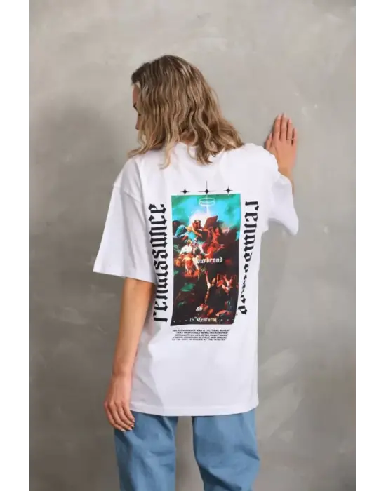 Omarı Baskılı Oversize Beyaz Unisex T-Shirt