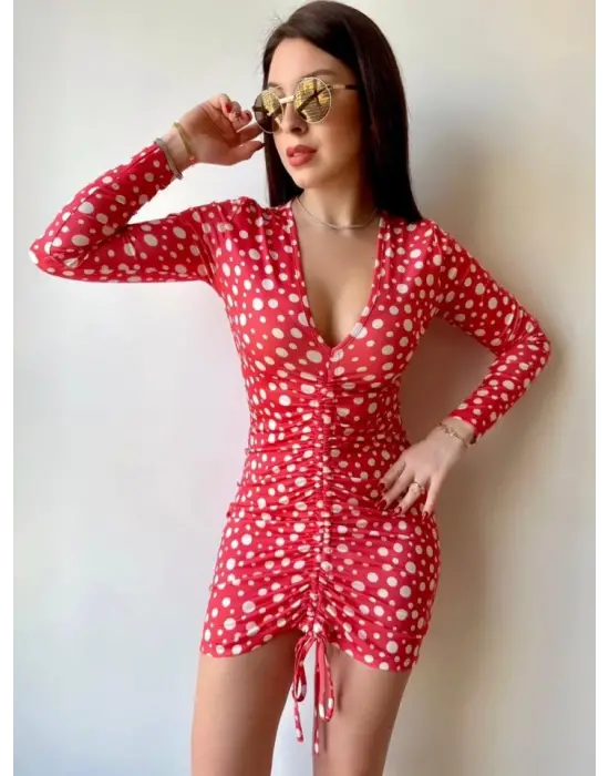 Omarı Asansörlü V Yaka Puantiyeli Mini Elbise