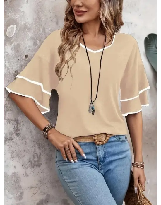 Omarı Yuvarlak Yaka Desenli Viskon Bluz