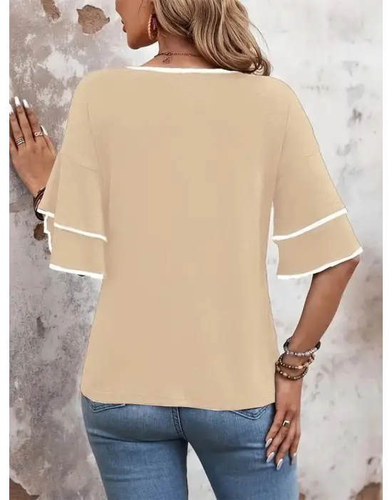 Omarı Yuvarlak Yaka Desenli Viskon Bluz