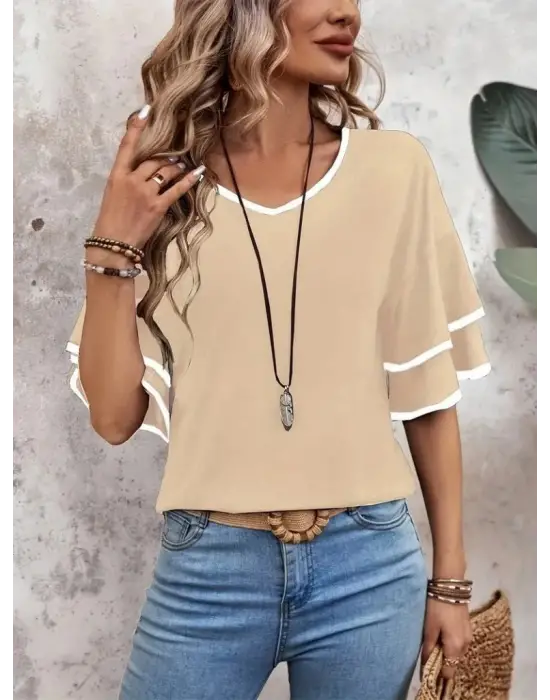 Omarı Yuvarlak Yaka Desenli Viskon Bluz