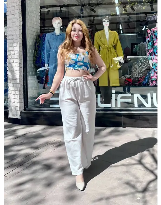 Omarı Yüksek Bel Krem Lekeli Keteni