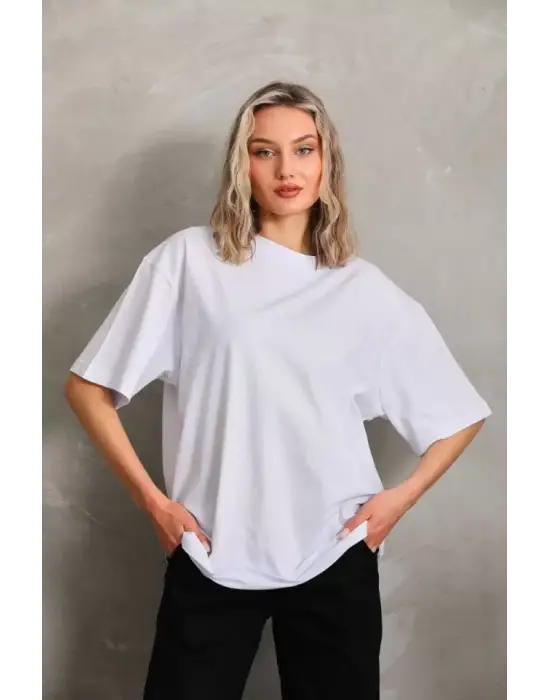 Omarı Beyaz Unisex Düz Oversize Bisiklet Yaka T-Shirt
