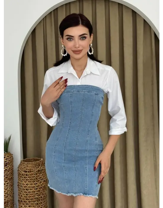 Omarı Straplez Kot Mini Elbise