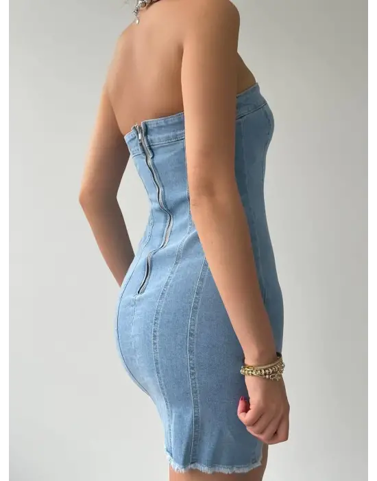 Omarı Straplez Kot Mini Elbise