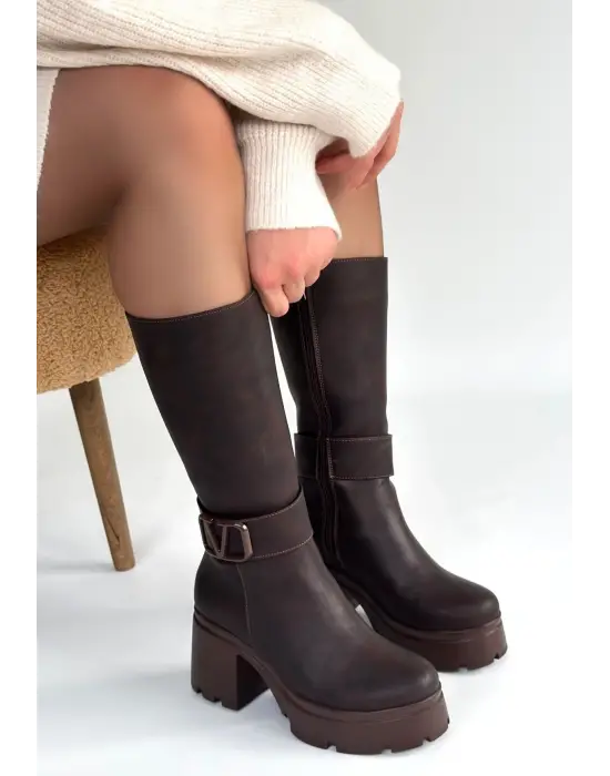 Moki Kahverengi Nubuk Topuklu Çizme