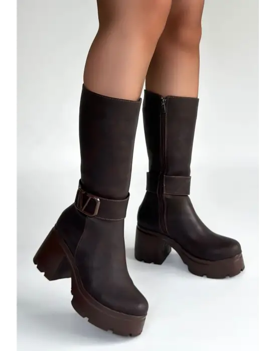 Moki Kahverengi Nubuk Topuklu Çizme