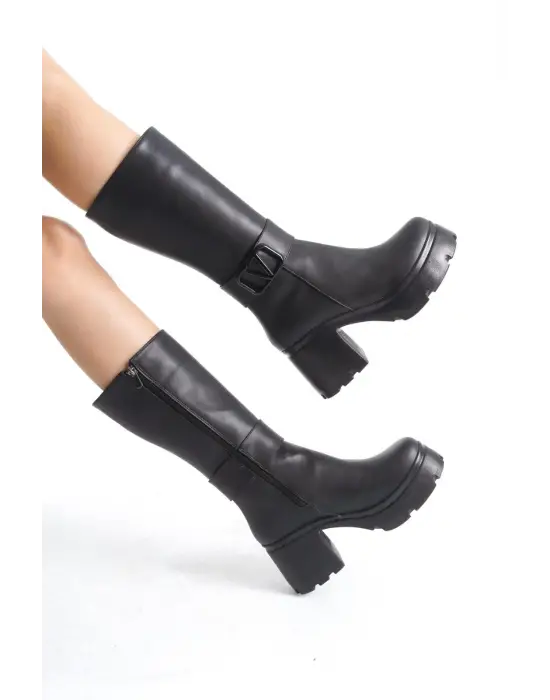 Moki Siyah Cilt Topuklu Çizme