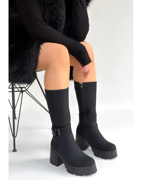 Moki Siyah Nubuk Topuklu Çizme