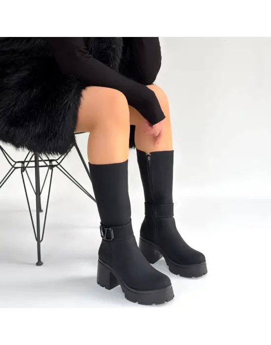 Moki Siyah Nubuk Topuklu Çizme