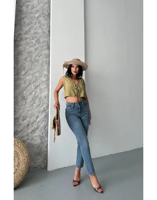 Mom fit bıyık kar yıkama jeans pantolon koyu mavi d2006