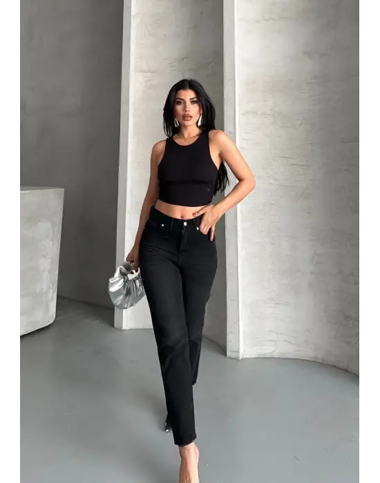 Mom fit enzim bıyıklı taş yıkama jeans pantolon siyah d2006