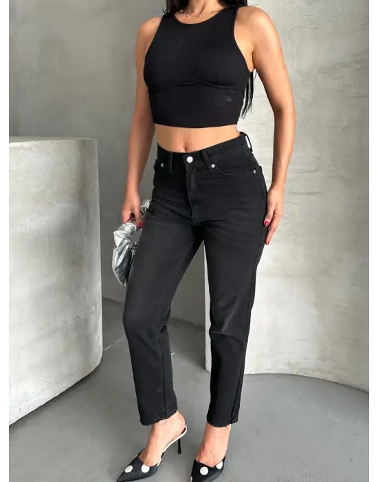 Mom fit enzim bıyıklı taş yıkama jeans pantolon siyah d2006