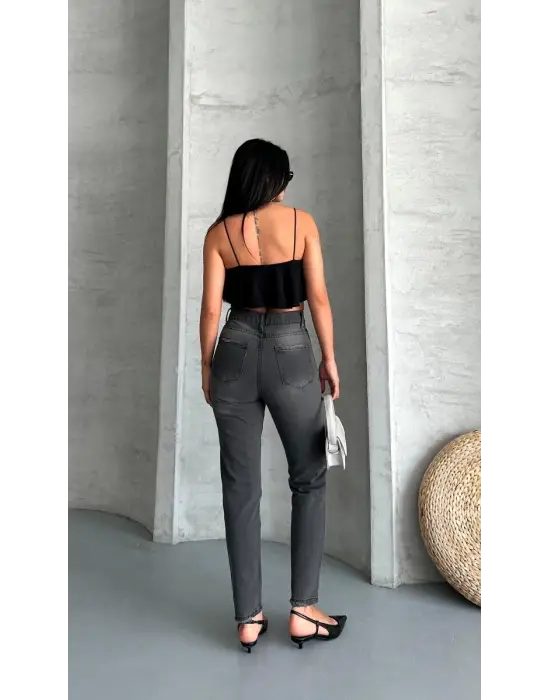 Mom fit enzim taş yıkama jeans pantolon füme d2006