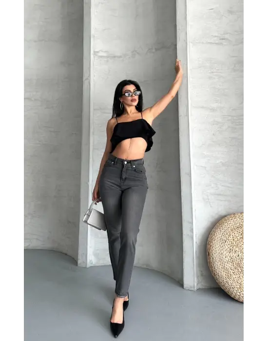 Mom fit enzim taş yıkama jeans pantolon füme d2006