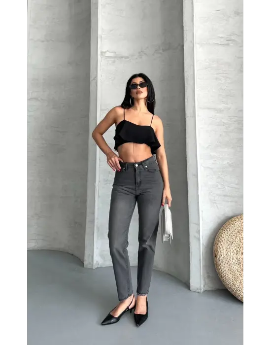 Mom fit enzim taş yıkama jeans pantolon füme d2006