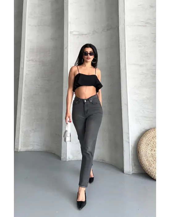 Mom fit enzim taş yıkama jeans pantolon füme d2006