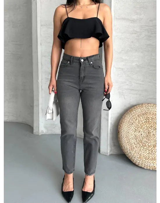 Mom fit enzim taş yıkama jeans pantolon füme d2006