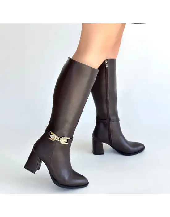 Mooni Kahverengi Cilt Topuklu Çizme