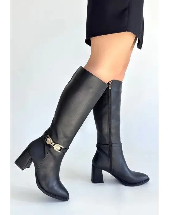 Mooni Siyah Cilt Topuklu Çizme