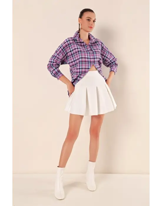 Mor Beyaz Kareli Desenli Oversize Uzun Basic Gömlek 3900