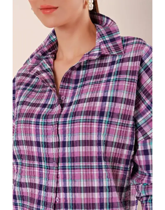 Mor Beyaz Kareli Desenli Oversize Uzun Basic Gömlek 3900